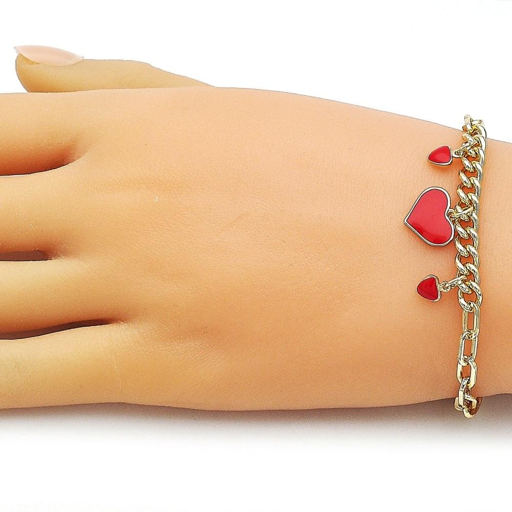 Oro Laminado Fancy Bracelet, Gold Filled Style Heart and Paperclip Design, Red Enamel Finish, Golden Finish
