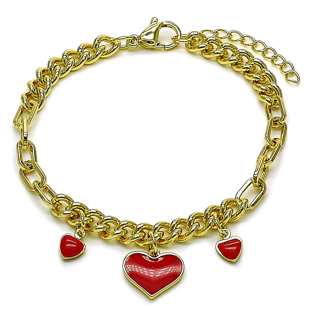 Oro Laminado Fancy Bracelet, Gold Filled Style Heart and Paperclip Design, Red Enamel Finish, Golden Finish