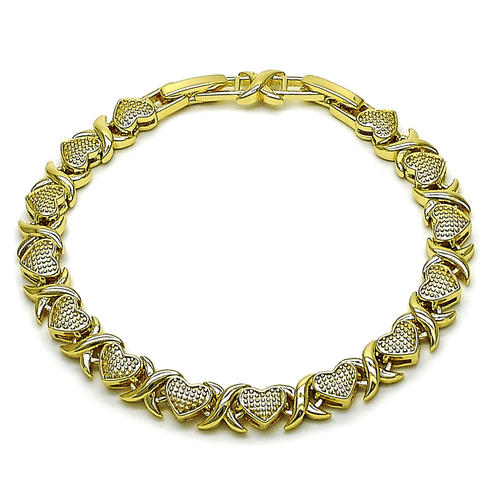 Oro Laminado Tennis Bracelet, Gold Filled Style Hugs and Kisses Design, Matte Finish, Golden Finish