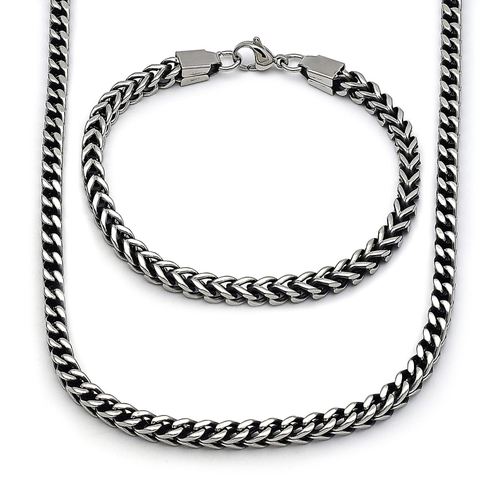 Stainless Steel Necklace and Bracelet, Square Franco Design, Polished, Steel Finish