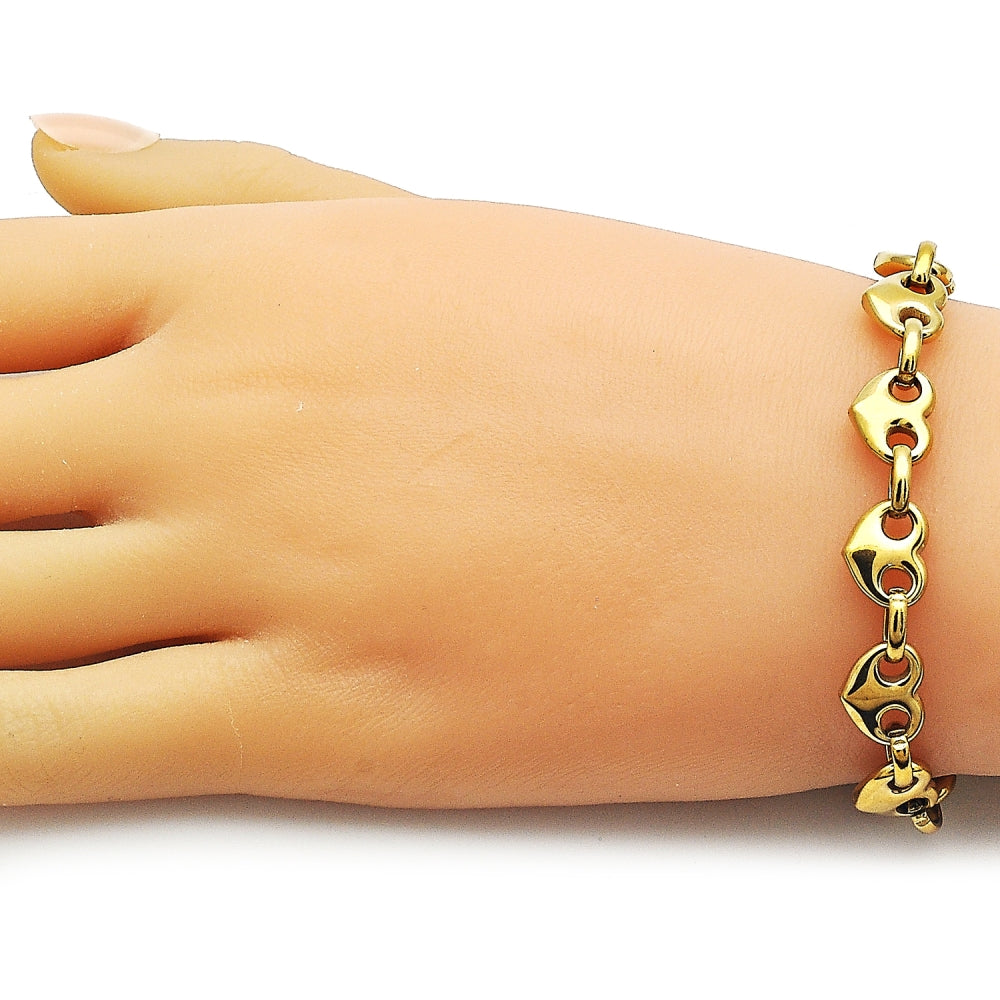 Stainless Steel Fancy Bracelet, Heart Design, Polished, Golden Finish