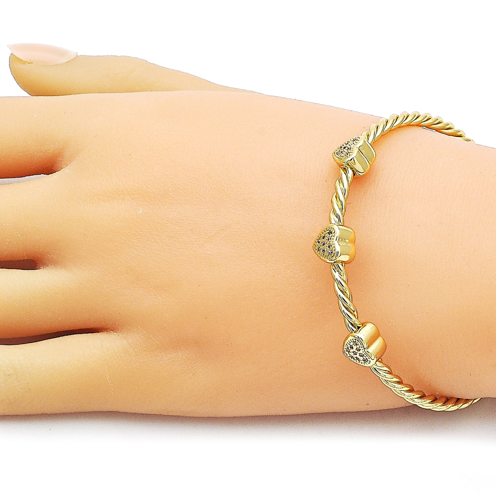 Oro Laminado Individual Bangle, Gold Filled Style Heart and Twist Design, with White Micro Pave, Polished, Golden Finish