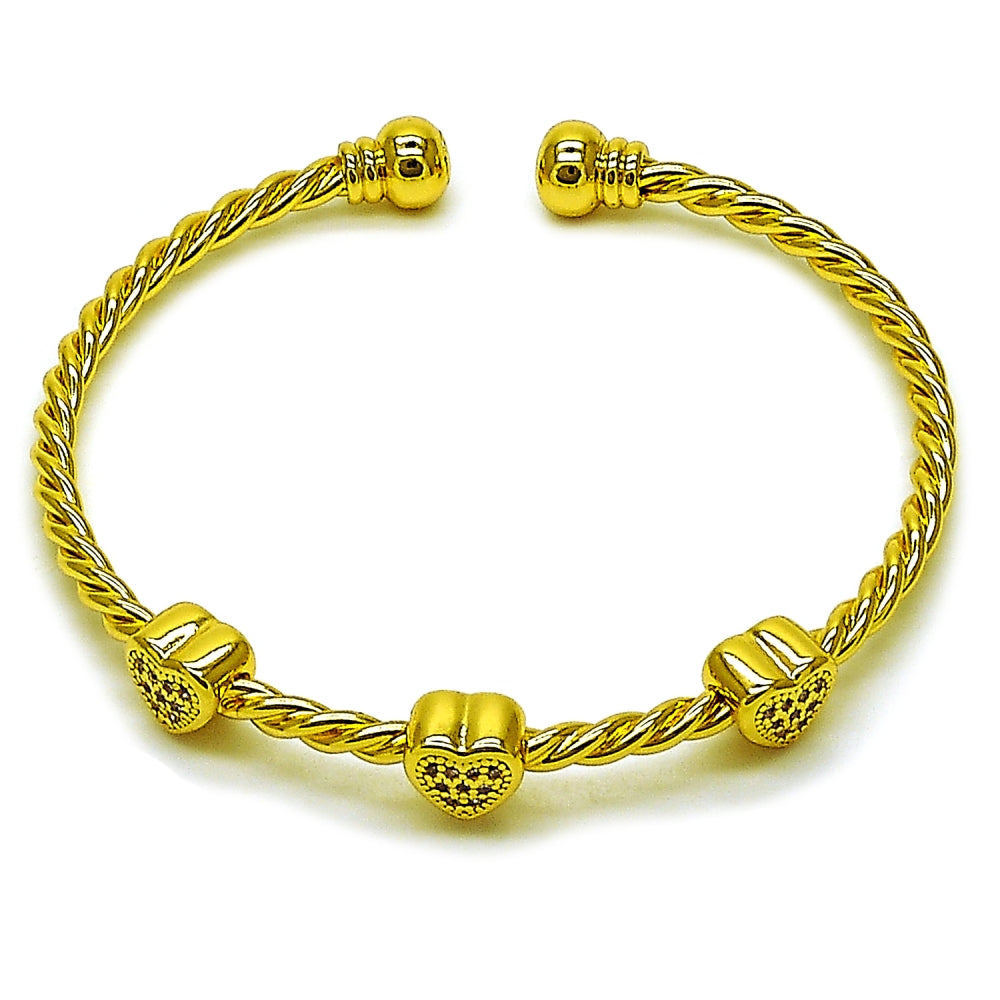Oro Laminado Individual Bangle, Gold Filled Style Heart and Twist Design, with White Micro Pave, Polished, Golden Finish
