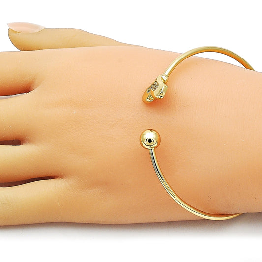 Oro Laminado Individual Bangle, Gold Filled Style Heart and Ball Design, with White Micro Pave, Polished, Golden Finish