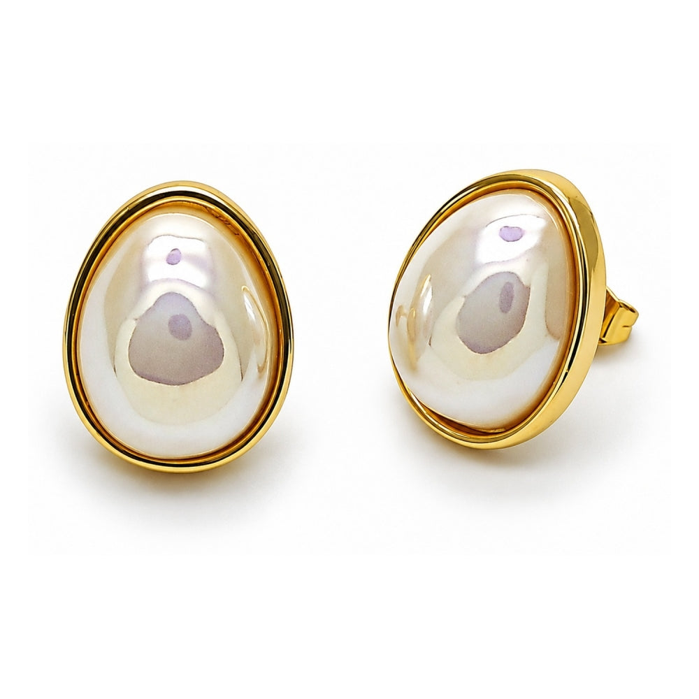 Oro Laminado Stud Earring, Gold Filled Style Teardrop Design, with Ivory Mother of Pearl, Polished, Golden Finish