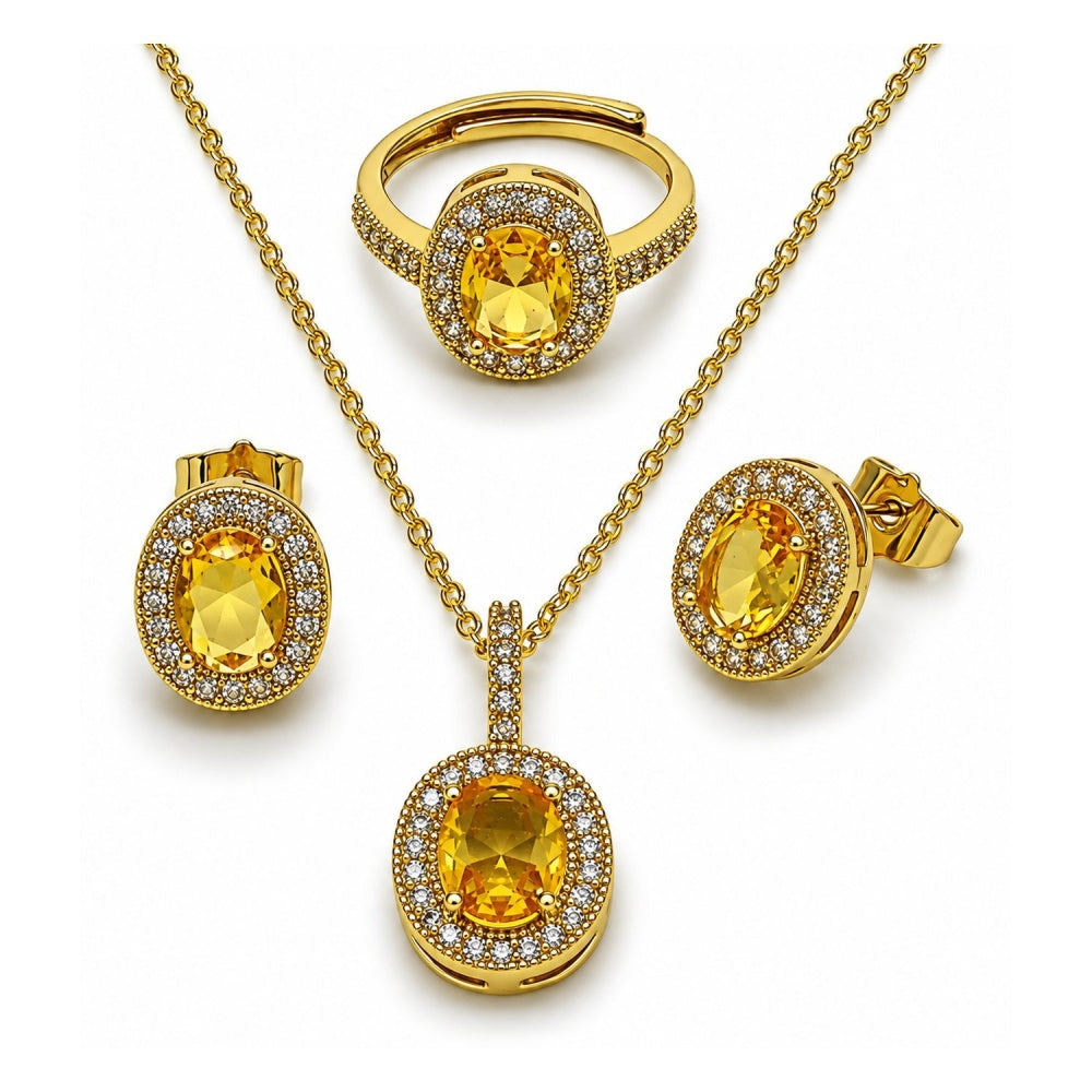 Oro Laminado Necklace, Earring and Ring, Gold Filled Style Cluster Design, with Golden and White Cubic Zirconia, Polished, Golden Finish