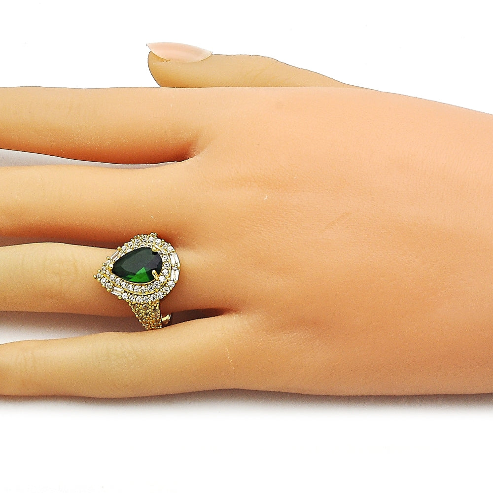 Oro Laminado Multi Stone Ring, Gold Filled Style Cluster and Teardrop Design, with Green and White Cubic Zirconia, Polished, Golden Finish