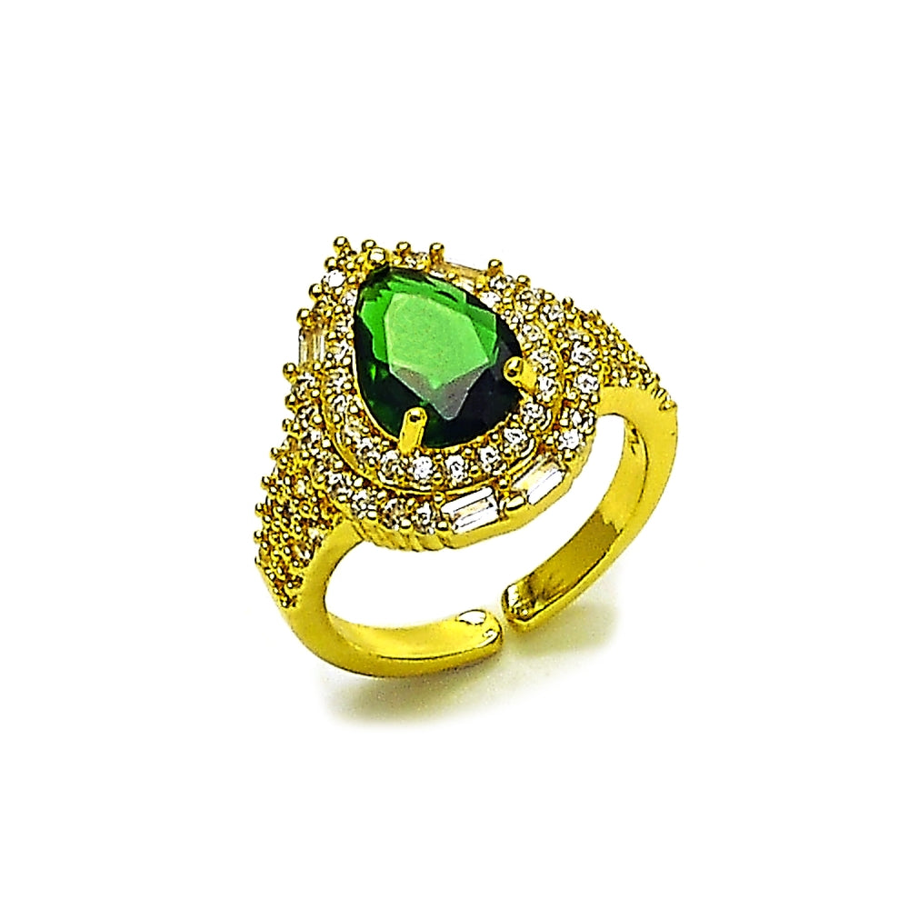 Oro Laminado Multi Stone Ring, Gold Filled Style Cluster and Teardrop Design, with Green and White Cubic Zirconia, Polished, Golden Finish