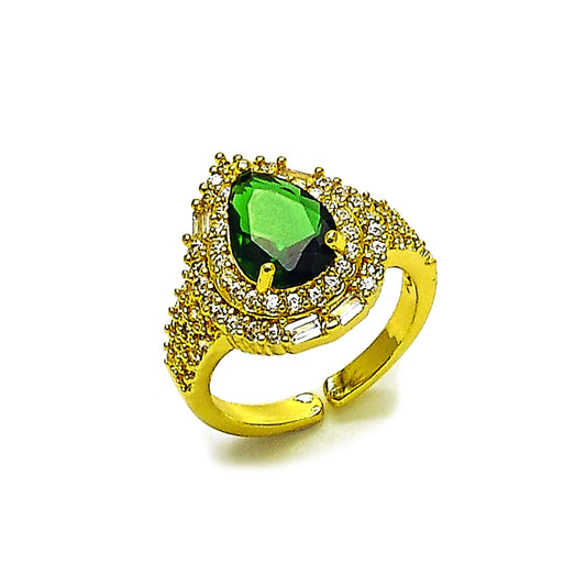 Oro Laminado Multi Stone Ring, Gold Filled Style Cluster and Teardrop Design, with Green and White Cubic Zirconia, Polished, Golden Finish