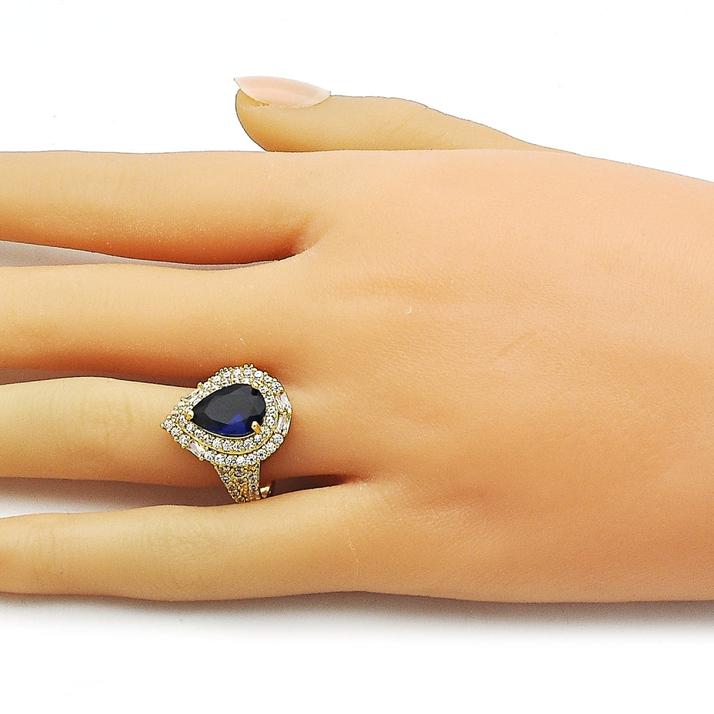Oro Laminado Multi Stone Ring, Gold Filled Style Cluster and Teardrop Design, with Sapphire Blue and White Cubic Zirconia, Polished, Golden Finish