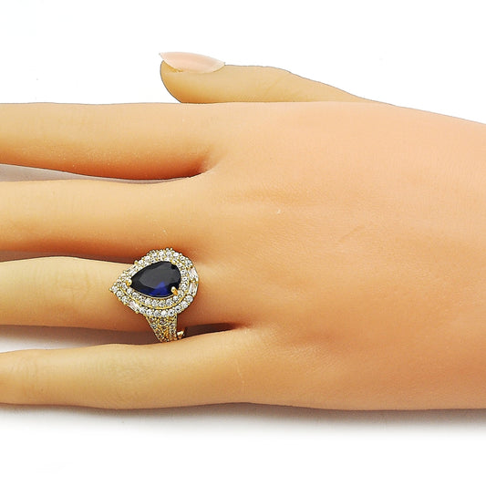 Oro Laminado Multi Stone Ring, Gold Filled Style Cluster and Teardrop Design, with Sapphire Blue and White Cubic Zirconia, Polished, Golden Finish