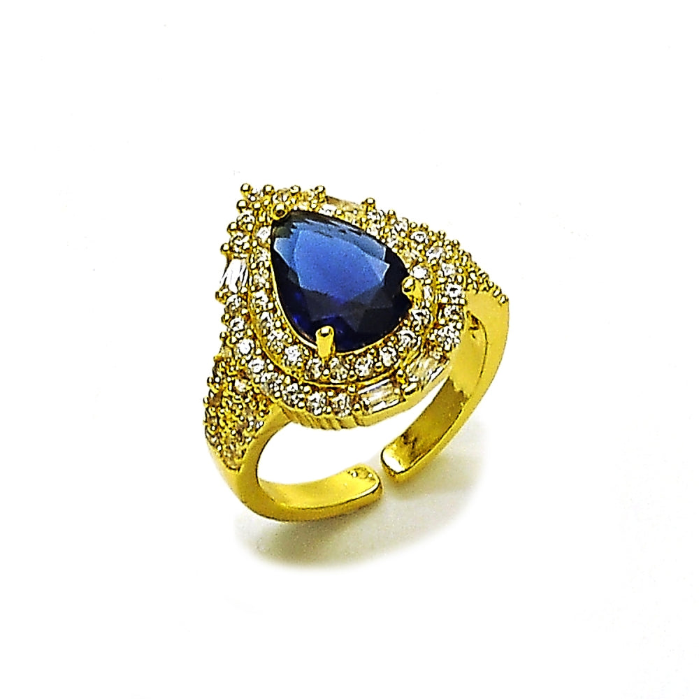Oro Laminado Multi Stone Ring, Gold Filled Style Cluster and Teardrop Design, with Sapphire Blue and White Cubic Zirconia, Polished, Golden Finish