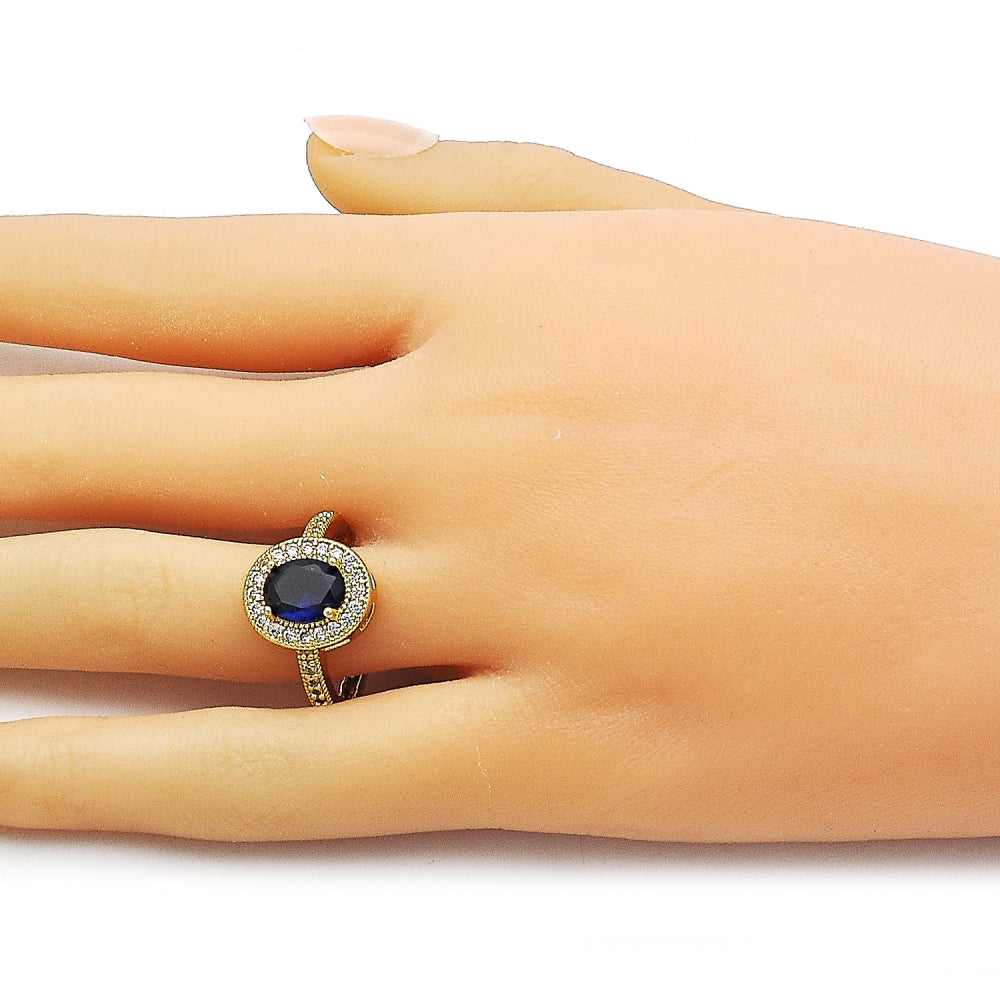 Oro Laminado Multi Stone Ring, Gold Filled Style Cluster Design, with Sapphire Blue and White Cubic Zirconia, Polished, Golden Finish