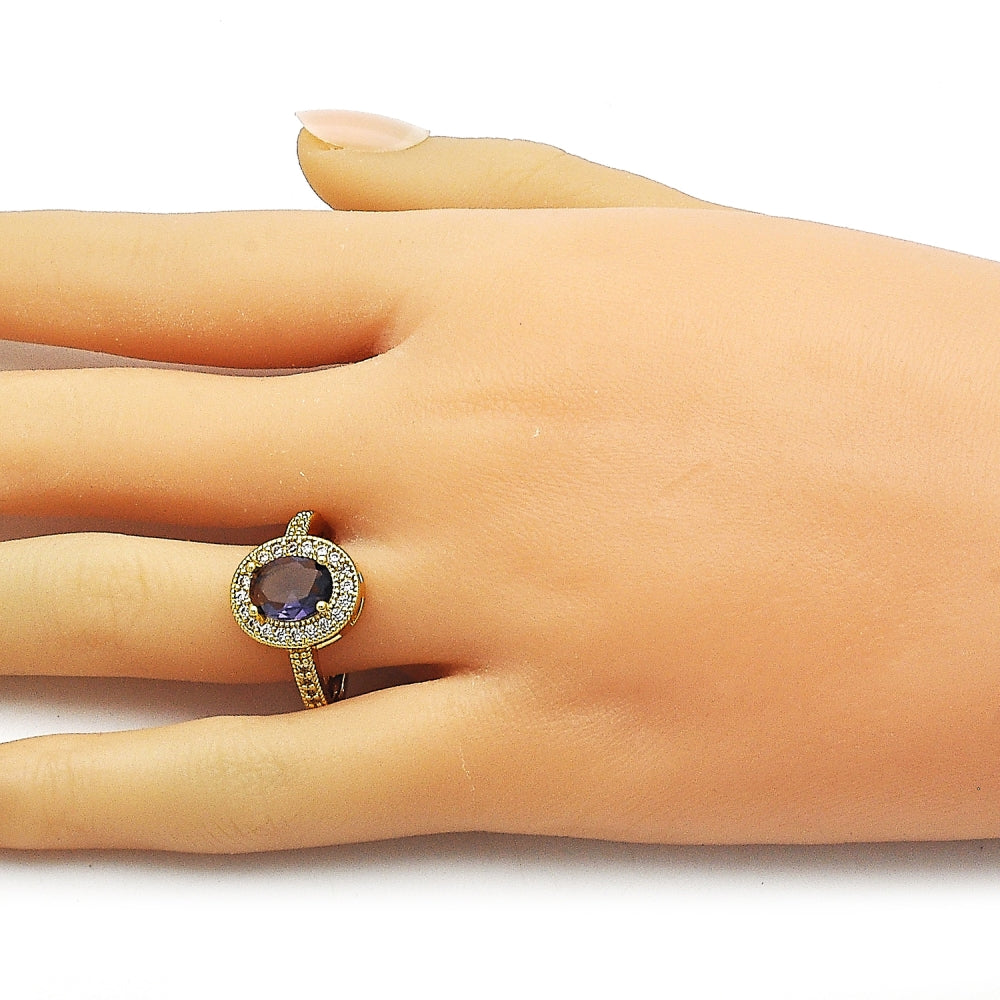 Oro Laminado Multi Stone Ring, Gold Filled Style Cluster Design, with Amethyst and White Cubic Zirconia, Polished, Golden Finish