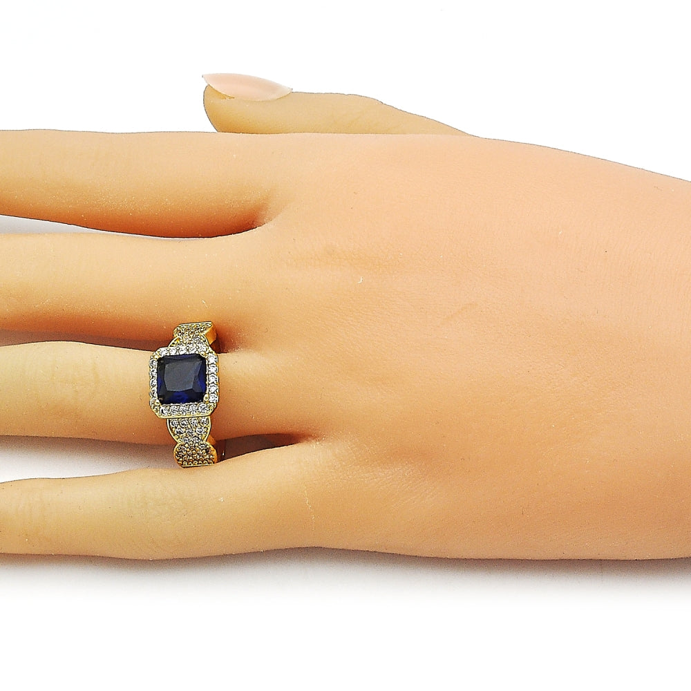 Oro Laminado Multi Stone Ring, Gold Filled Style Cluster Design, with Sapphire Blue and White Cubic Zirconia, Polished, Golden Finish