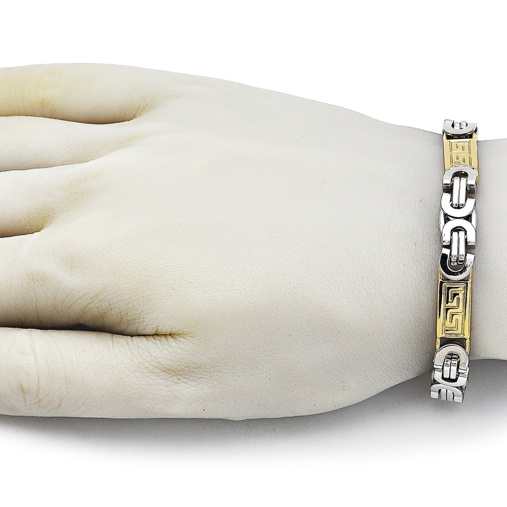 Stainless Steel Fancy Bracelet, Greek Key Design, Polished, Two Tone