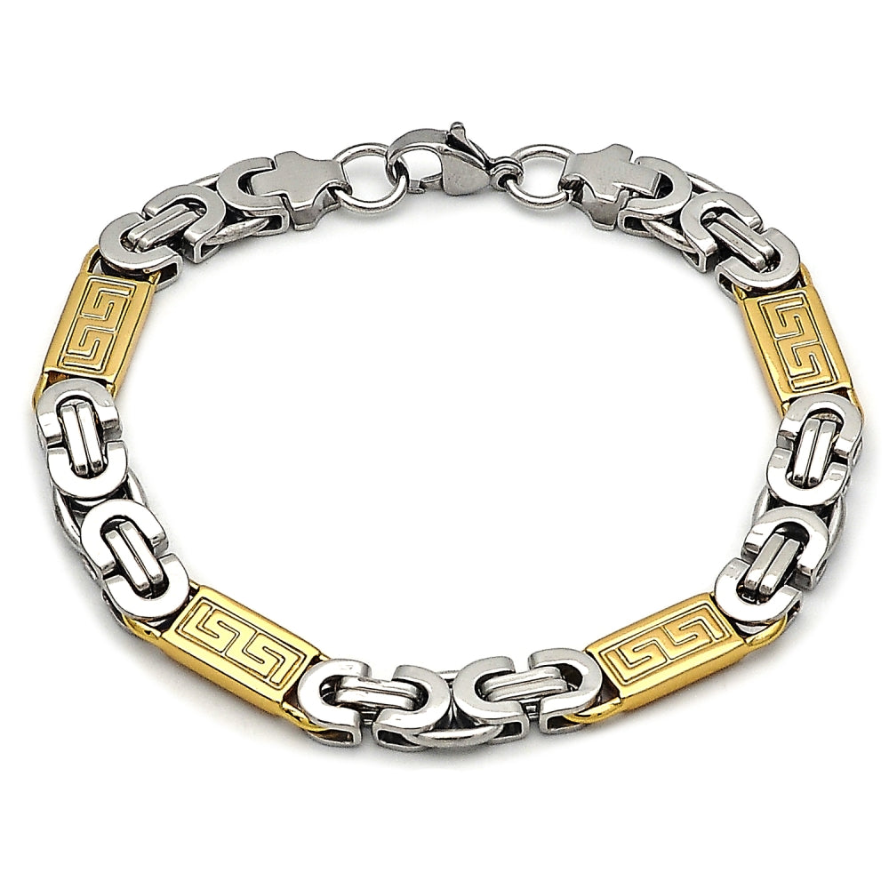 Stainless Steel Fancy Bracelet, Greek Key Design, Polished, Two Tone