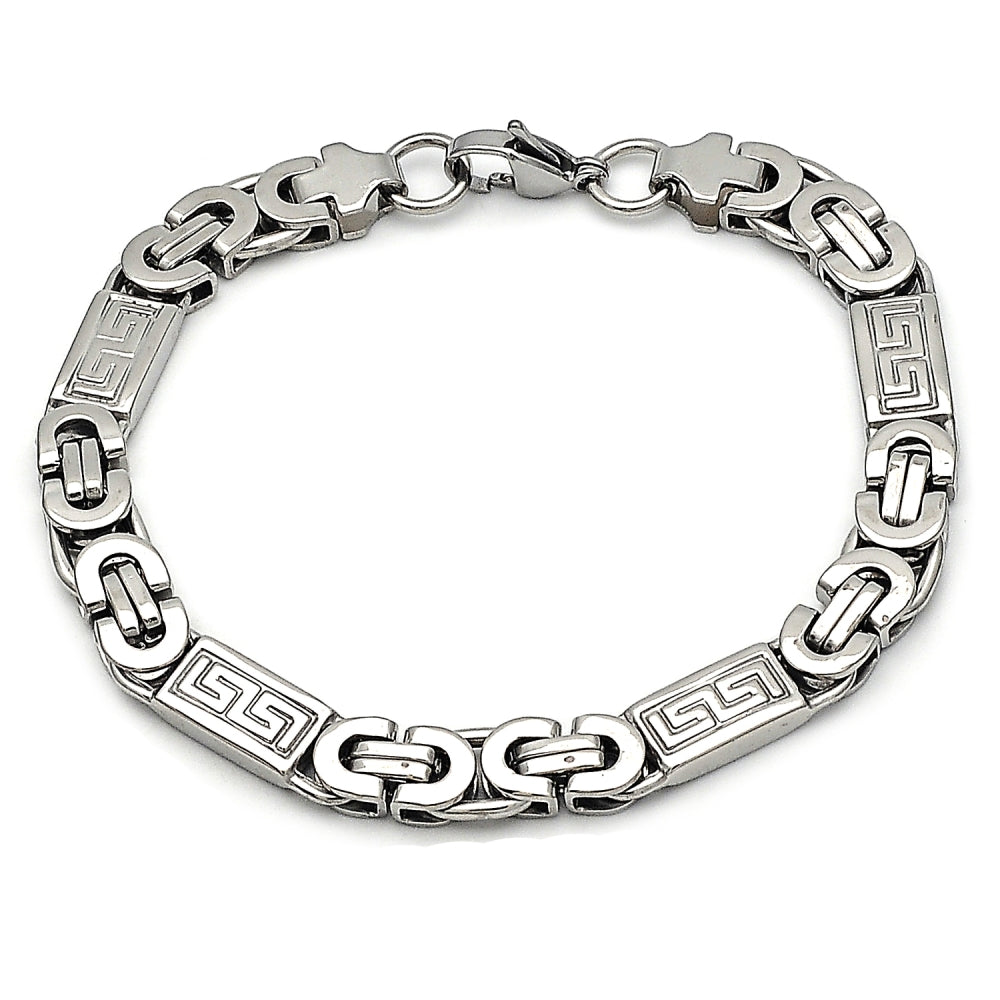 Stainless Steel Fancy Bracelet, Greek Key Design, Polished, Steel Finish