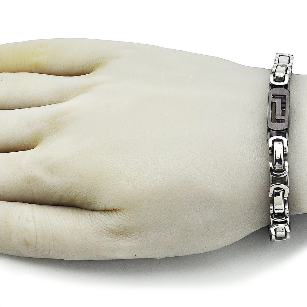 Stainless Steel Fancy Bracelet, Greek Key Design, Polished, Two Tone