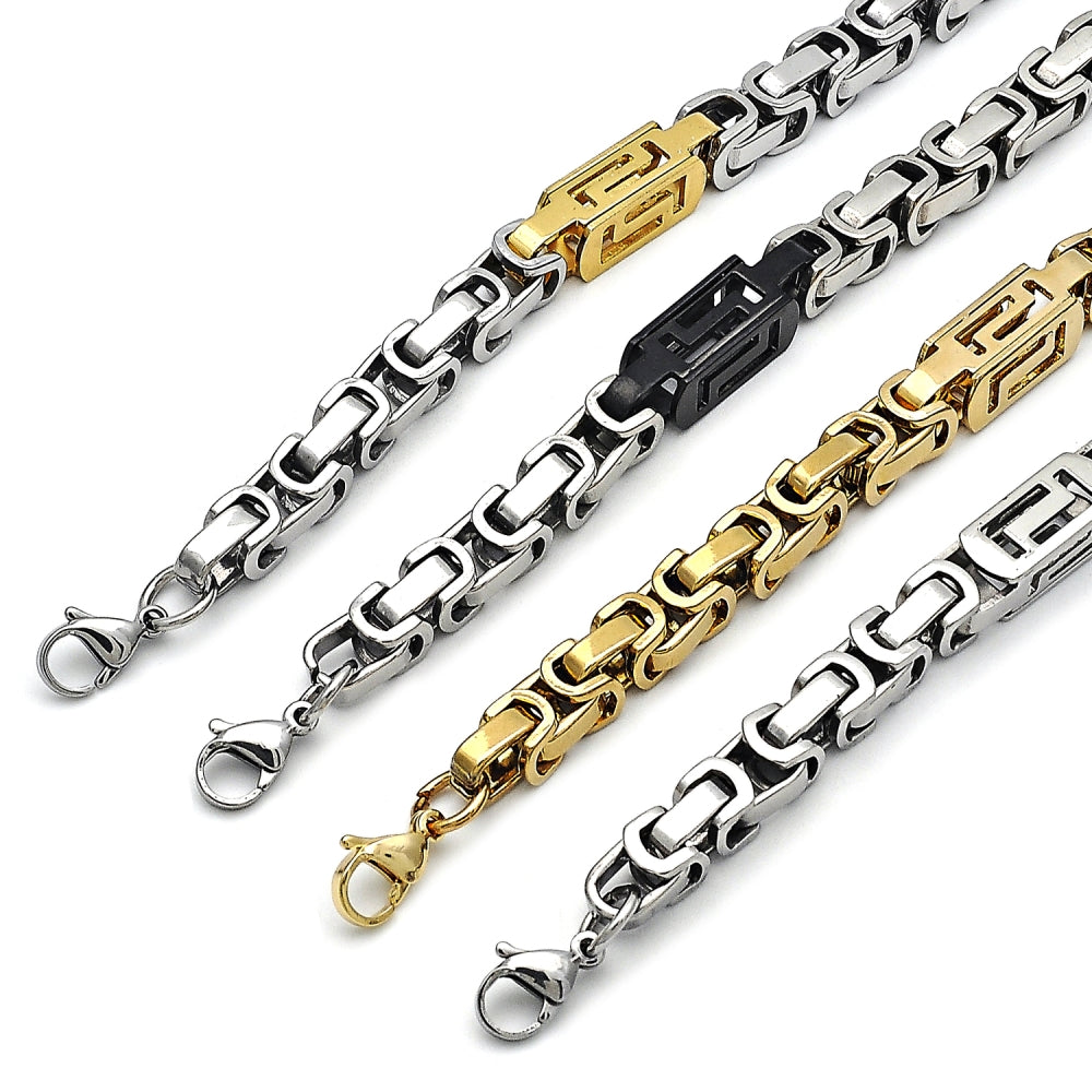 Stainless Steel Fancy Bracelet, Greek Key Design, Polished, Two Tone