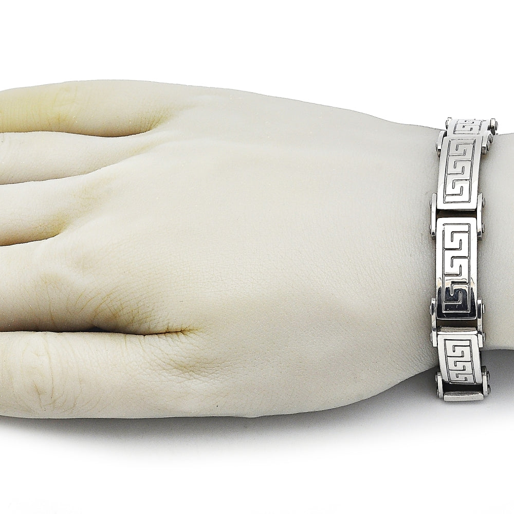 Stainless Steel Solid Bracelet, Greek Key Design, Polished, Steel Finish
