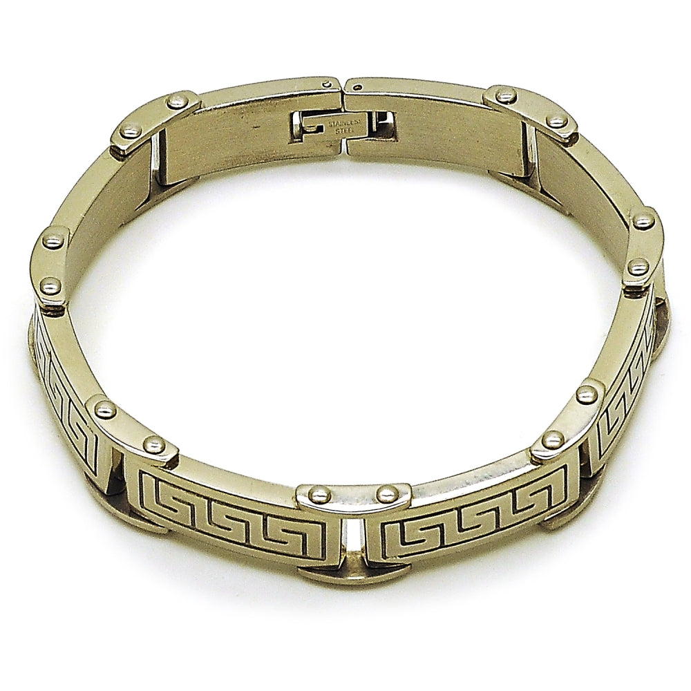 Stainless Steel Solid Bracelet, Greek Key Design, Polished, Steel Finish