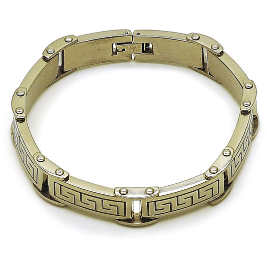Stainless Steel Solid Bracelet, Greek Key Design, Polished, Steel Finish