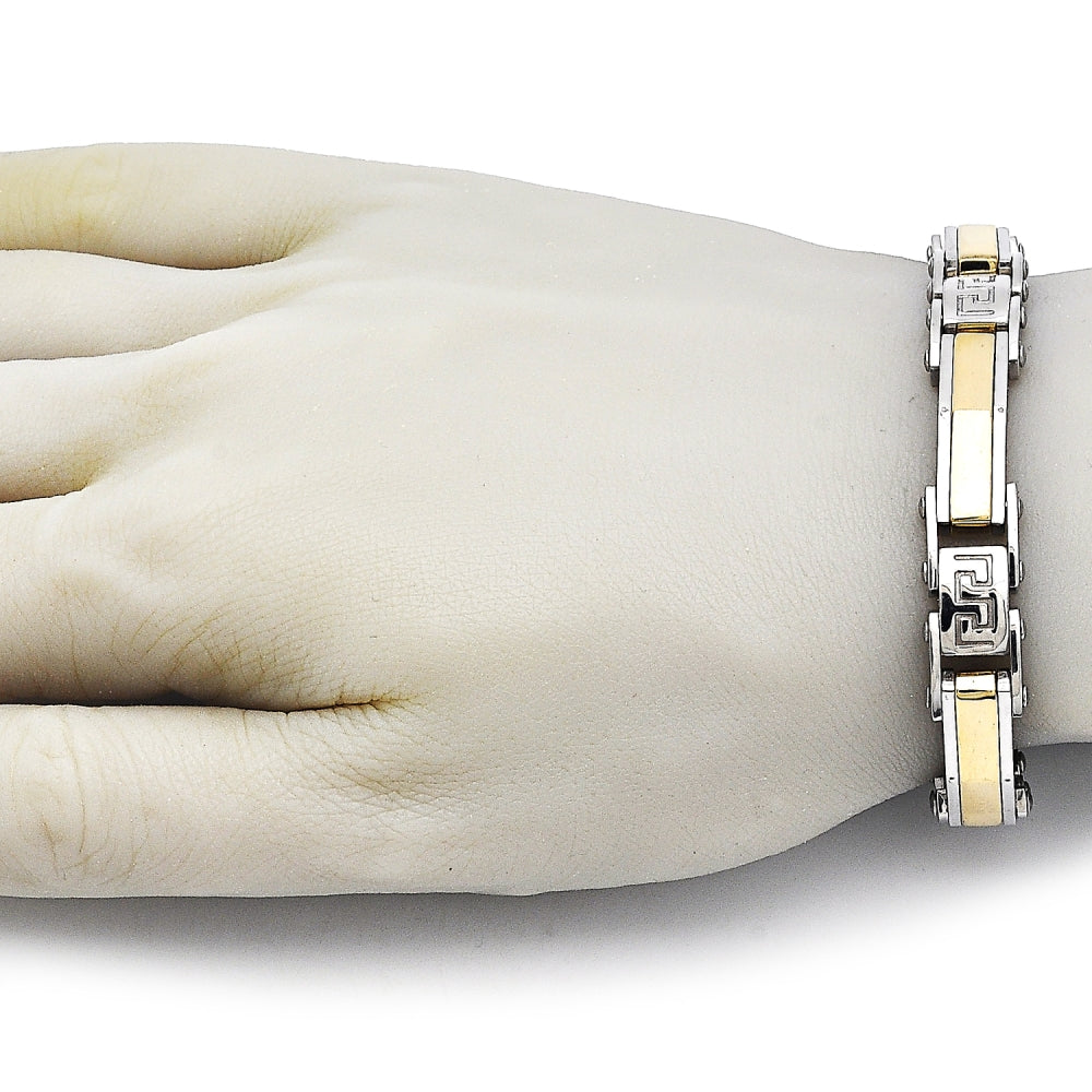 Stainless Steel Solid Bracelet, Greek Key Design, Polished, Two Tone