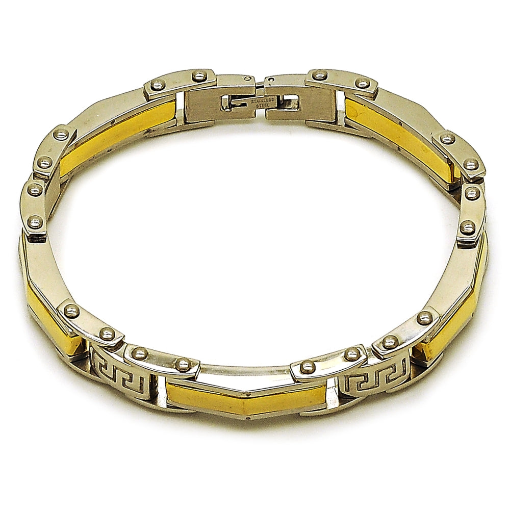 Stainless Steel Solid Bracelet, Greek Key Design, Polished, Two Tone