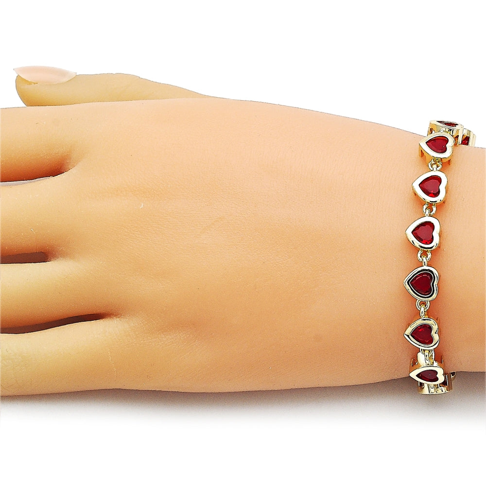 Oro Laminado Tennis Bracelet, Gold Filled Style Heart Design, with Garnet Cubic Zirconia, Polished, Golden Finish