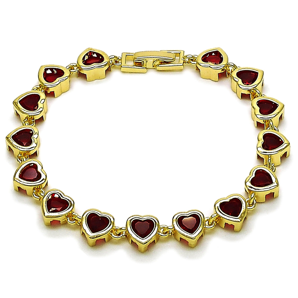 Oro Laminado Tennis Bracelet, Gold Filled Style Heart Design, with Garnet Cubic Zirconia, Polished, Golden Finish