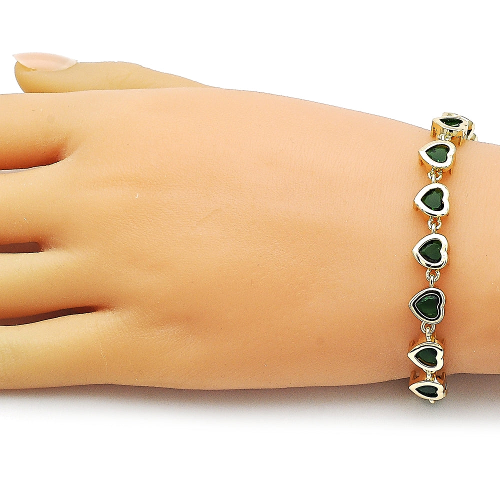 Oro Laminado Tennis Bracelet, Gold Filled Style Heart Design, with Green Cubic Zirconia, Polished, Golden Finish