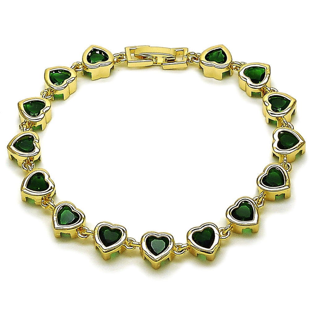 Oro Laminado Tennis Bracelet, Gold Filled Style Heart Design, with Green Cubic Zirconia, Polished, Golden Finish