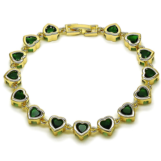 Oro Laminado Tennis Bracelet, Gold Filled Style Heart Design, with Green Cubic Zirconia, Polished, Golden Finish