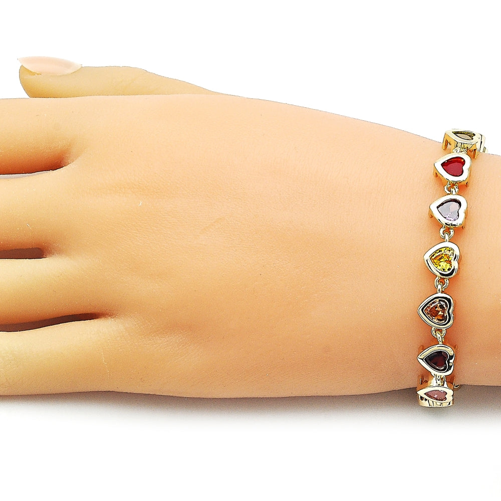 Oro Laminado Tennis Bracelet, Gold Filled Style Heart Design, with Multicolor Cubic Zirconia, Polished, Golden Finish
