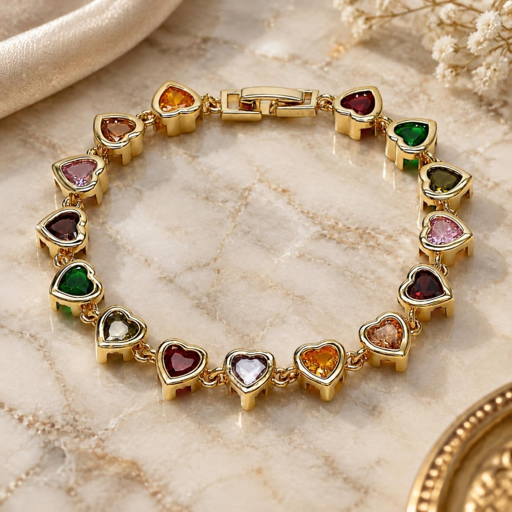 Oro Laminado Tennis Bracelet, Gold Filled Style Heart Design, with Multicolor Cubic Zirconia, Polished, Golden Finish