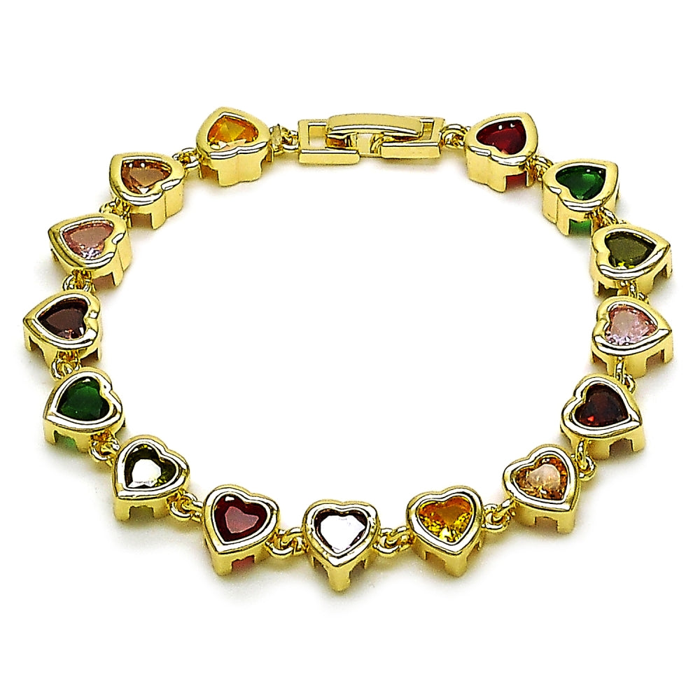 Oro Laminado Tennis Bracelet, Gold Filled Style Heart Design, with Multicolor Cubic Zirconia, Polished, Golden Finish