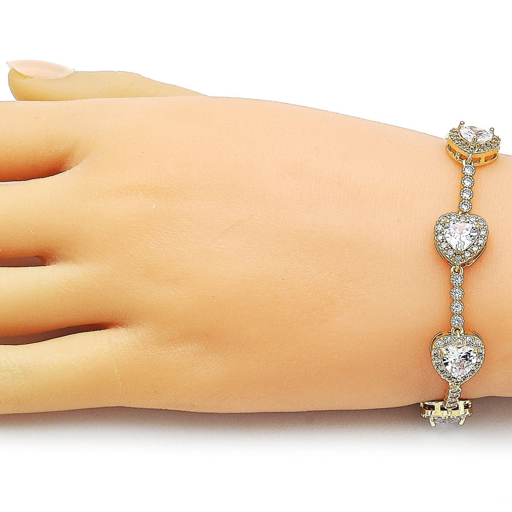 Oro Laminado Tennis Bracelet, Gold Filled Style Heart and Cluster Design, with White Cubic Zirconia, Polished, Golden Finish