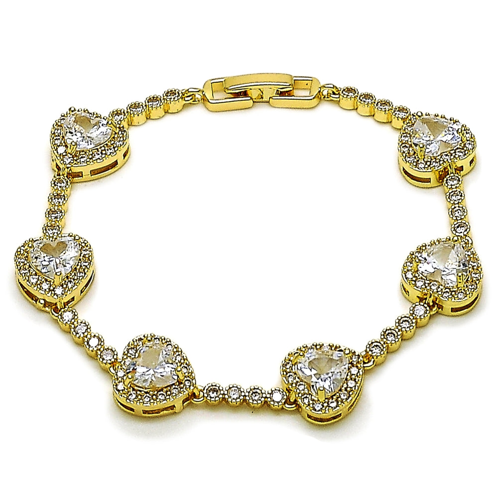 Oro Laminado Tennis Bracelet, Gold Filled Style Heart and Cluster Design, with White Cubic Zirconia, Polished, Golden Finish