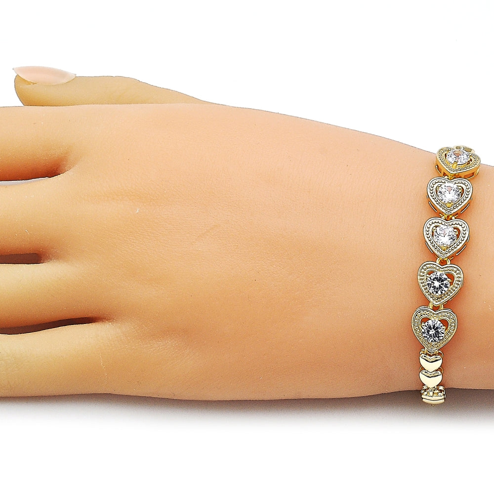 Oro Laminado Fancy Bracelet, Gold Filled Style Heart Design, with White Cubic Zirconia, Polished, Golden Finish