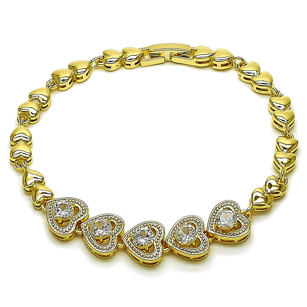 Oro Laminado Fancy Bracelet, Gold Filled Style Heart Design, with White Cubic Zirconia, Polished, Golden Finish