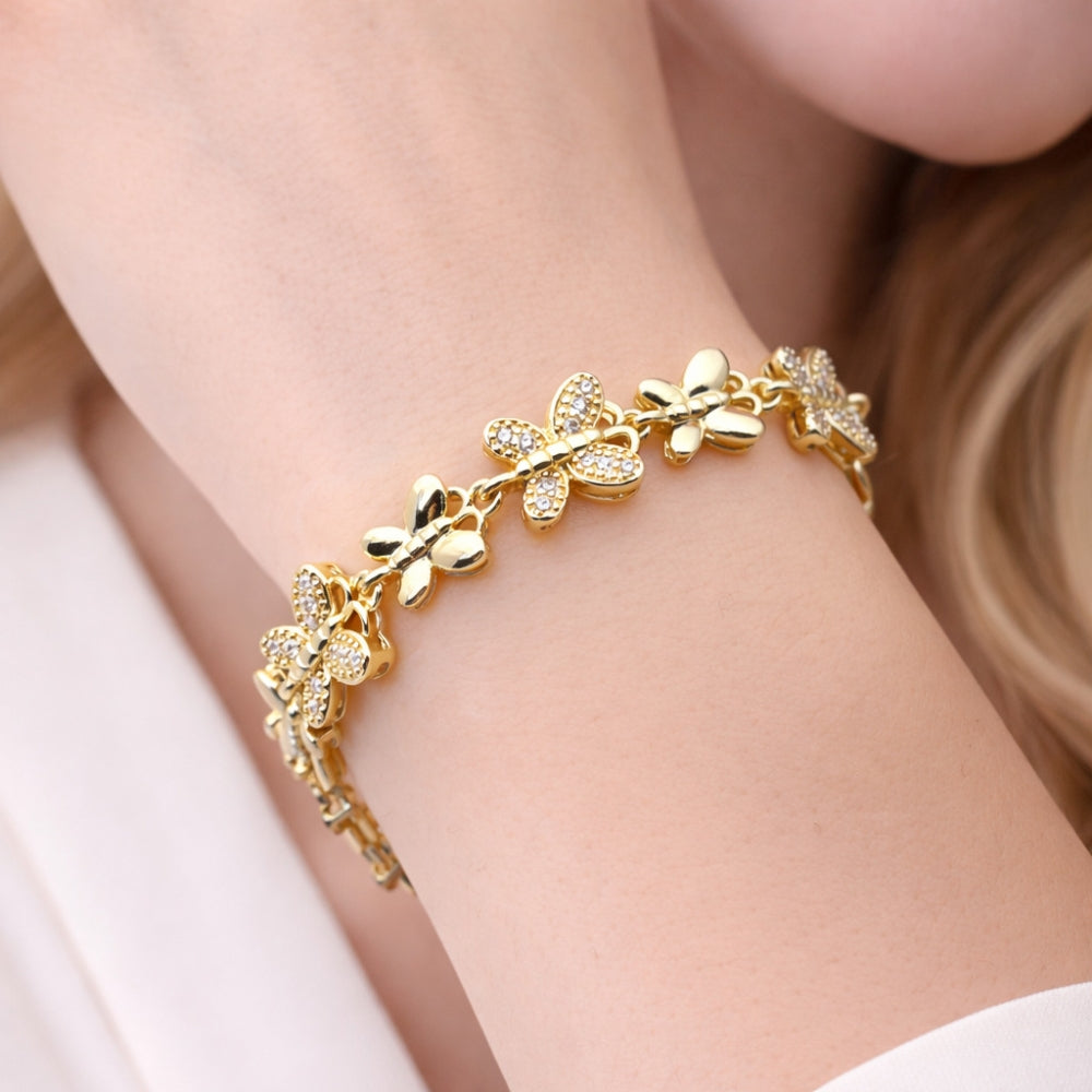 Oro Laminado Fancy Bracelet, Gold Filled Style Butterfly Design, with White Cubic Zirconia, Polished, Golden Finish
