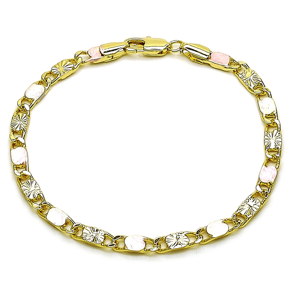 Oro Laminado Fancy Bracelet, Gold Filled Style Mariner Design, Diamond Cutting Finish, Tricolor