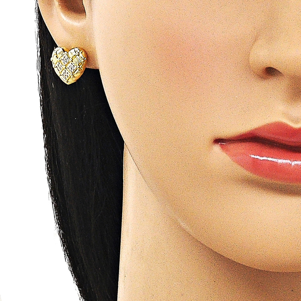 Oro Laminado Stud Earring, Gold Filled Style Heart Design, with White Micro Pave, Diamond Cutting Finish, Golden Finish