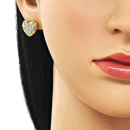 Oro Laminado Stud Earring, Gold Filled Style Heart Design, with White Micro Pave, Diamond Cutting Finish, Golden Finish