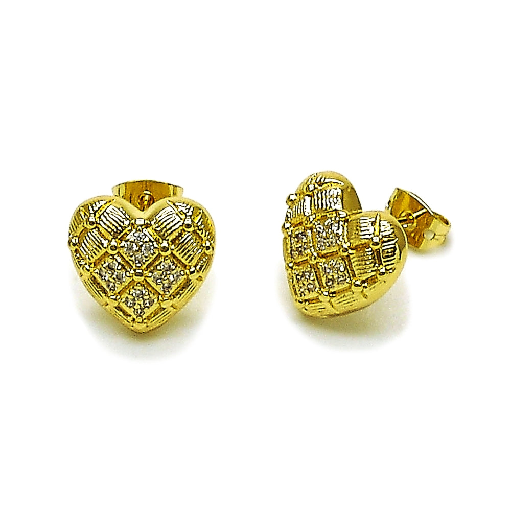 Oro Laminado Stud Earring, Gold Filled Style Heart Design, with White Micro Pave, Diamond Cutting Finish, Golden Finish