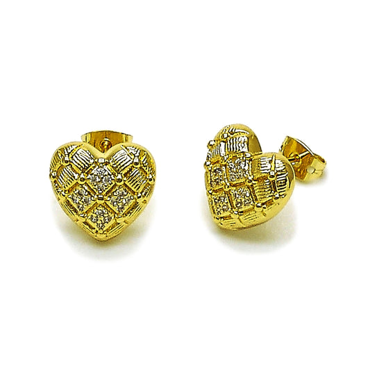 Oro Laminado Stud Earring, Gold Filled Style Heart Design, with White Micro Pave, Diamond Cutting Finish, Golden Finish