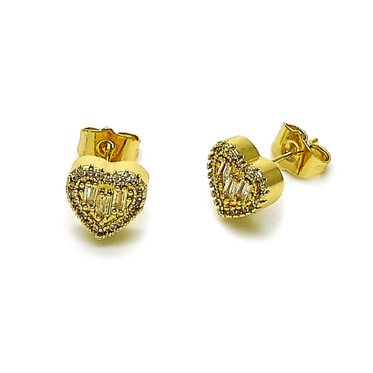 Oro Laminado Stud Earring, Gold Filled Style Heart and Baguette Design, with White Cubic Zirconia, Polished, Golden Finish