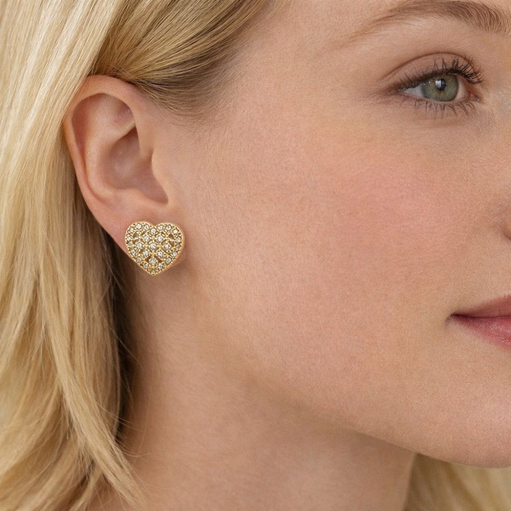 Oro Laminado Stud Earring, Gold Filled Style Heart Design, with White Cubic Zirconia, Polished, Golden Finish