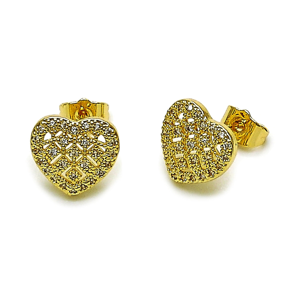 Oro Laminado Stud Earring, Gold Filled Style Heart Design, with White Cubic Zirconia, Polished, Golden Finish